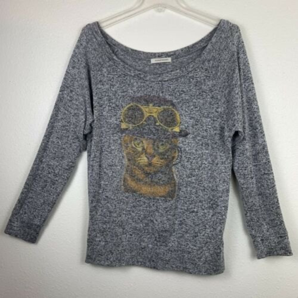 Pink Berry Heather Gray Medium Cat Pilot Steam Punk Long Sleeve Knit Shirt